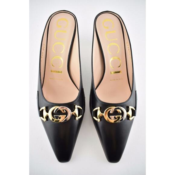 Gucci Zumi Black Leather Silver Gold GG Kitten Heel Mule Slide Loafer Pump 37 - Picture 8 of 12